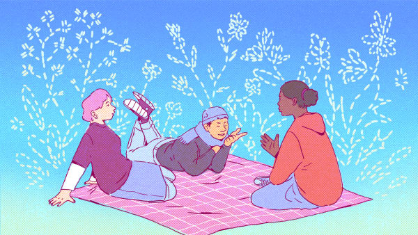 Bright illustration of three people having a conversation on a picnic blanket, set over a blue gradient background with an embroidery of plants.