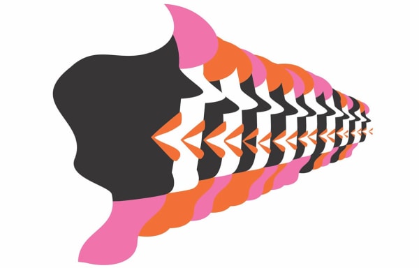 A graphic image of abstract heads, coloured in pink, orange and black, receding in a regular pattern into the background.