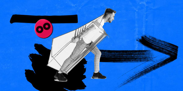 A collaged image with a blue background featuriing a person leaning to the right whilst wearing an angular structure