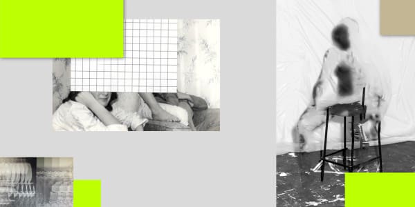 Silver and green exhibition design, featuring black and white photos of student work. 