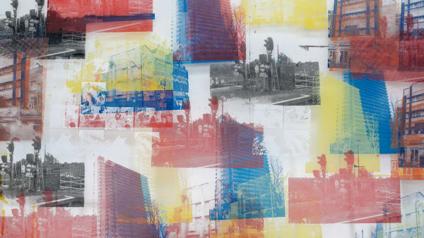Screenprint of urban architecture done in cmyk colour palette by Luke Chin-Joseph
