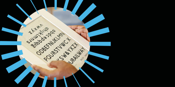 a picture of a frame with Latin alphabet letters. the picture is inside a bright blue graphic radial circle on a black background  