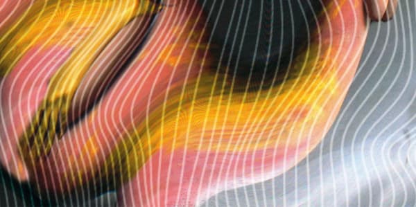 abstract transparent wavy lines over streaks of pink and yellow.
