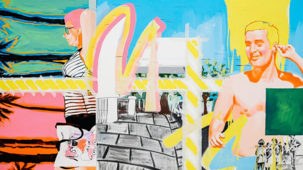 A painting made up of multile images including a woman with pink hair lying in front of palm trees.