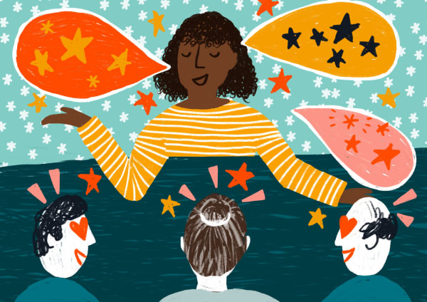 Illustration of a somebody giving a talk around a table.
