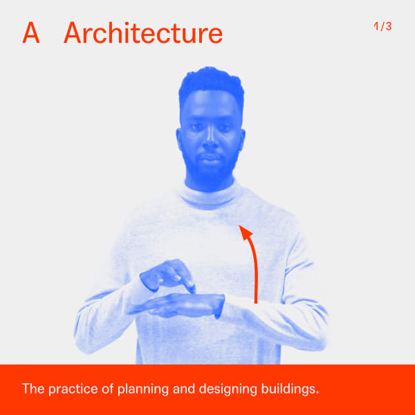 Man with one hand performing sign on other palm face down with arrow pointing up. The word 'architecture' is written above.