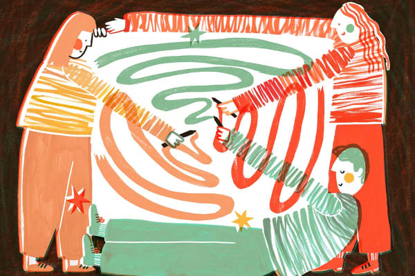Illustration of three people drawing.