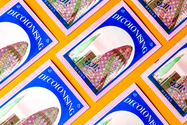 Bright colourful poster with typographer and photography that champions decolonising design. 
