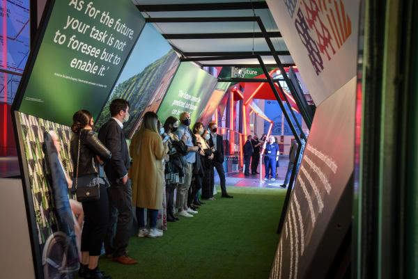 People viewing the London 2030 exhibition at London Transport Museum
