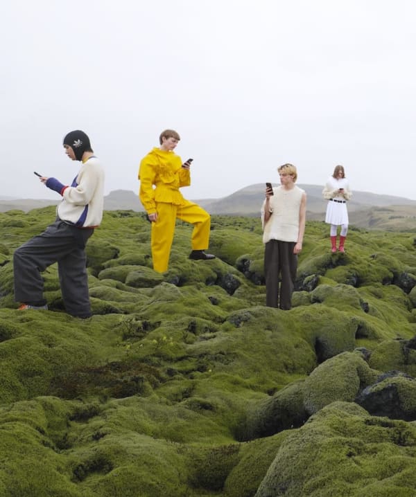 Individuals stood on a green landscape looking at smartphones