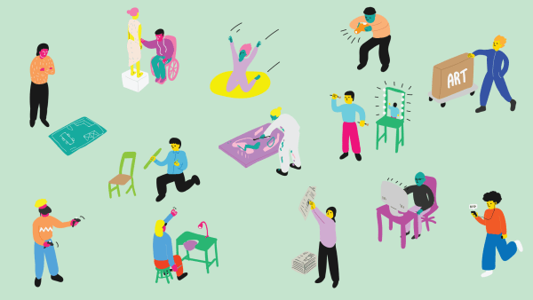 Graphic with sage green background, with drawings of people in action: painting, exercising, listening to music.