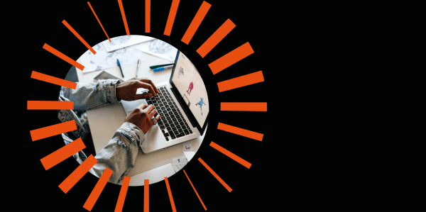 picture of someone typing on a laptop. the picture is inside an orange radial graphic circle on a black background