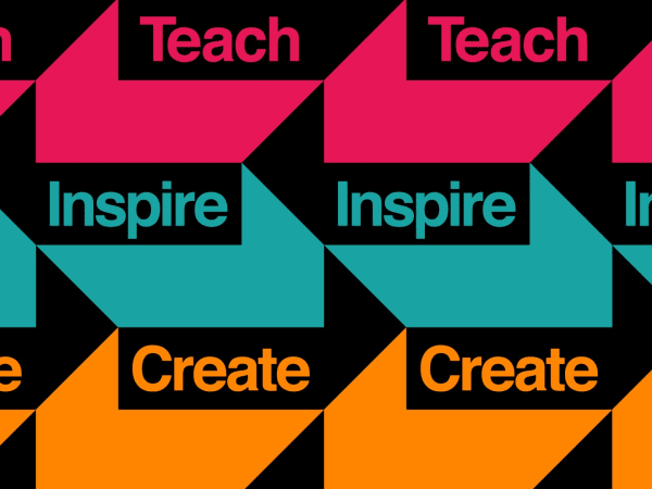 Teach Inspire Create web banner with geometric shapes, image by UAL Awarding Body