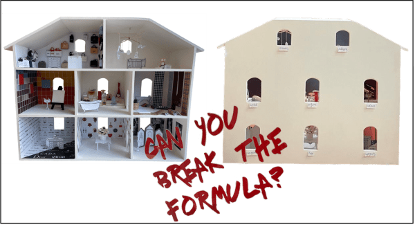 exhibition display of dollshouse with grafitti on top