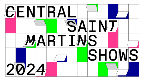 Graphic version of a departure board with the words Central Saint Martins Shows 2024