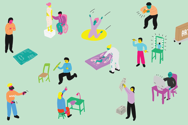 Colourful illustration of small figures engaged in creative pursuits