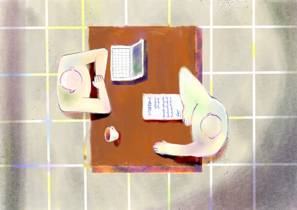 An illustration gives a view from above which shows two people on either side of a table in the middle of an interview