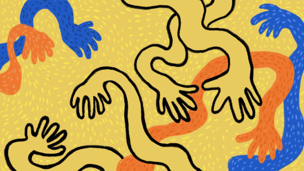 Illustration of yellow orange and blue hands reaching towards each other