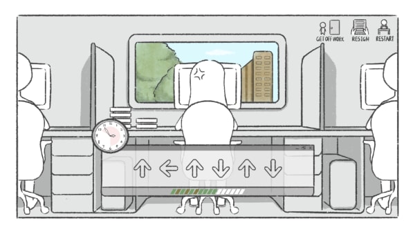 Drawing animation of a worker in an office, in grey tones.
