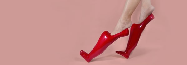 Red pointed shoes with toes on a pink background