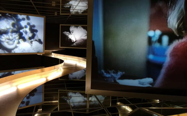 Image depicts film stills projected onto exhibition screens.