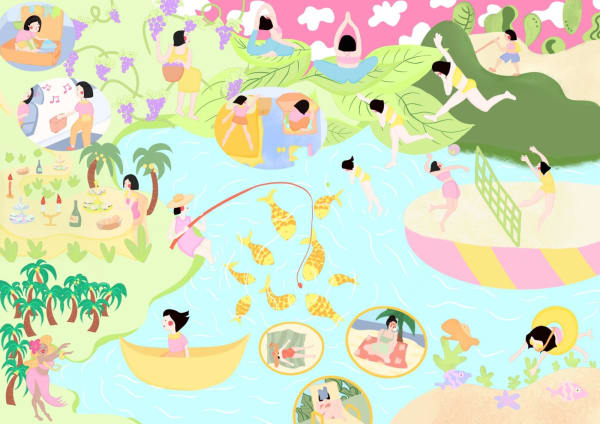 Illustration of various characters on an island taking part in different activities.