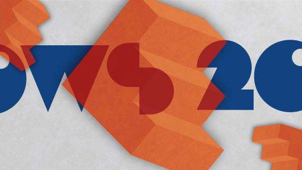 Orange shapes with blue text