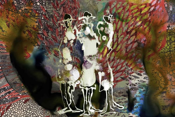 Illustration of models in white on colourful background.