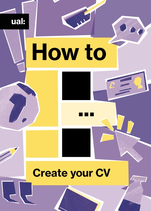 A purple and yellow background is scattered with blocky icons including a microphone, a globe, an exclaimation point, a mouse cursor. On the guide is the UAL Logo in the top left hand corner. In the center is an arrangement of rectangles which could be viewed as a 'C' or an 'E'. The text on the rectangles reads 