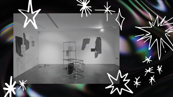 Black and white image of paintings and sculpture in a room with white walls and grey flooring. The image has white hand-drawn stars around it and the background of the Canvas is a holographic 3D rendered texture