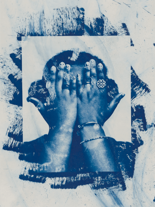 A cyanotype portrait of a person with their hands to their face. The image features the rings and bracelets the person is wearing. It is collaged onto a abstract cyanotype background.