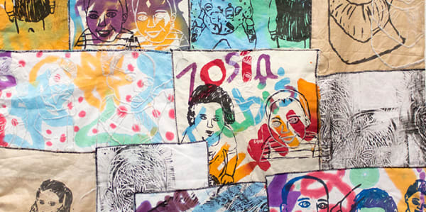 Tapestry with multicoloured paintings