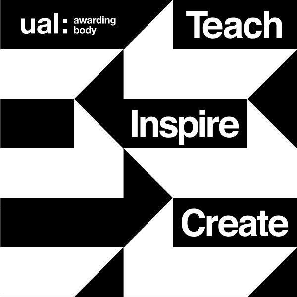 Black and white podcast cover image, displaying the ual: awarding body logo and the words 'Teach Inspire Create' amongst geometric black and white shapes. Image by UAL Awarding Body. 