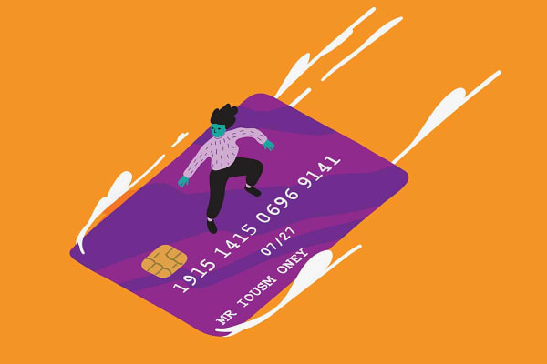 Bright Illustration of a person surfing on a purple credit card against an orange background. .