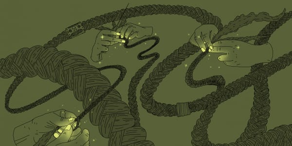 Black line drawing on olive green background. Shows hands with glowing yellow fingernails, braiding long plaits of hair.