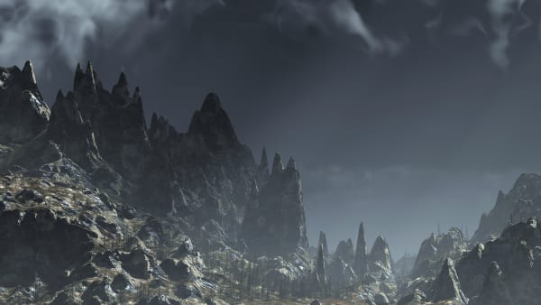 Artwork by Conford and Cross of an artificial moody landscape generated using financial graphs.
