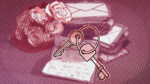 Digital print with set of keys using bit map style in shades of red