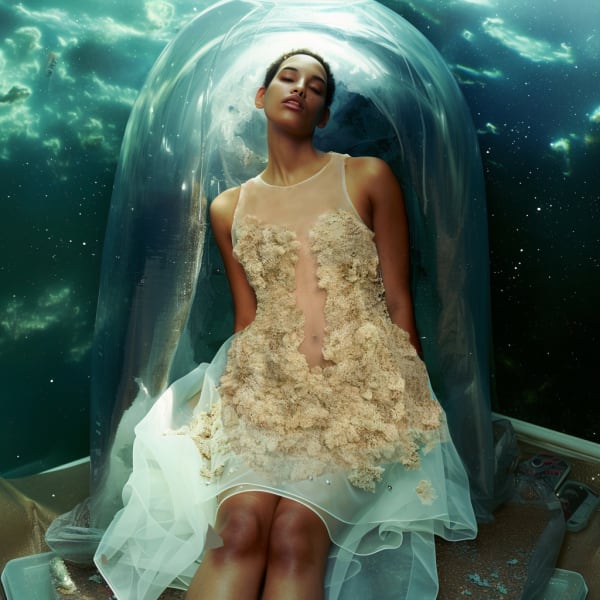 AI generated image of model in turquoise background.