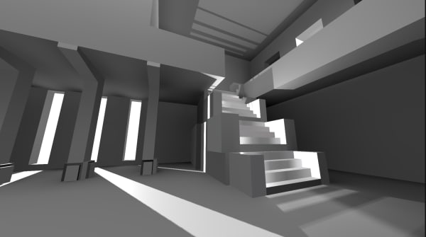 Screenshot from a game, showing an interior space with strong shadows.