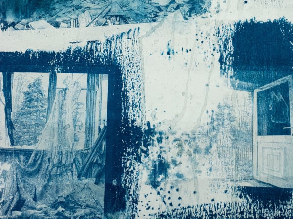 Blue and white ink and print on paper
