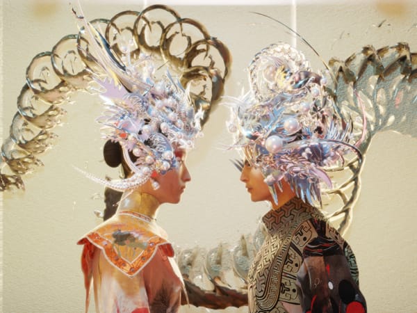Digital image of a male and female with Asian dragon headdresses.