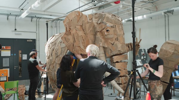 Giant elephant puppet being constructed by students in the workshop at Wimbledon College of Arts as part of THE HERDS project.
