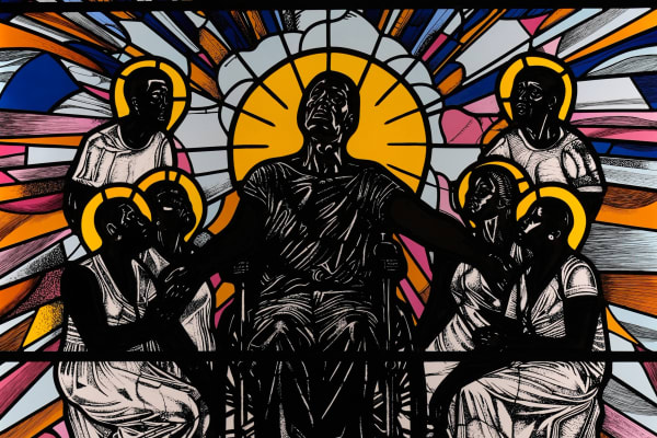 Stained glass art depicting six figures with halos surrounding a central person in a wheelchair. Radiant background with bold, lively colors.