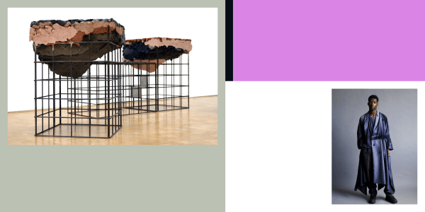 A composite banner including a sculptural cage and a person wearing long flowing blue clothing