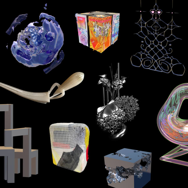 Multiple 3D artefacts that are computer rendered, 3D printed and photographed, and physically made and scanned, all on a black background.