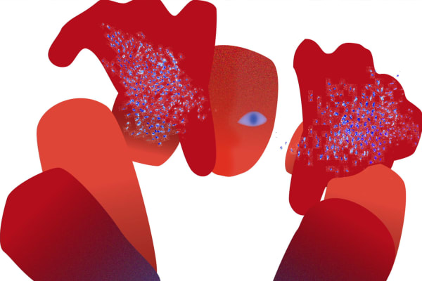 Student work showing a colourful abstract red shape with tonal shading, an illustrated eye and some blue textured detailing. 
