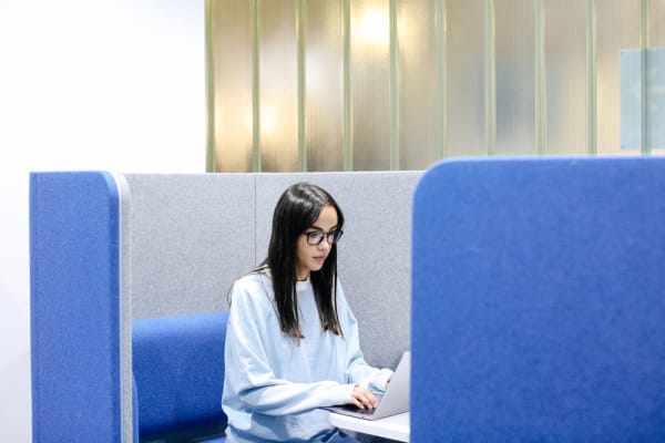 woman sitting at a laptop in a fabric covered office booth
