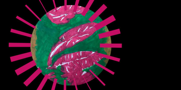 painting of pink leaves on green background inside a pink radial graphic circle on a black background