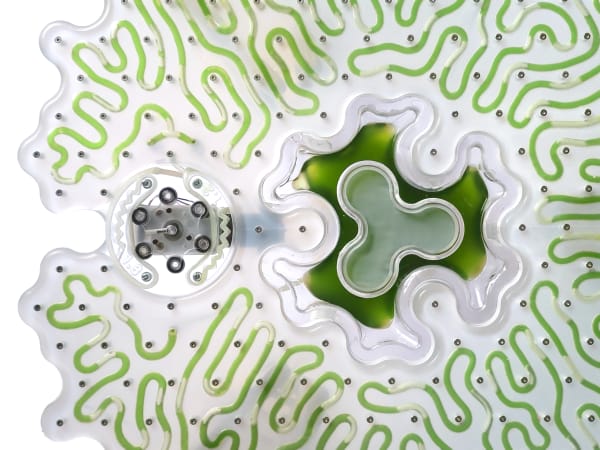 A close up of a white and green panel with shapes and patterns