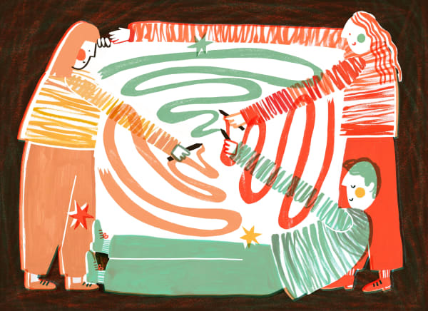 An illustration showing three people collaborating on a drawing